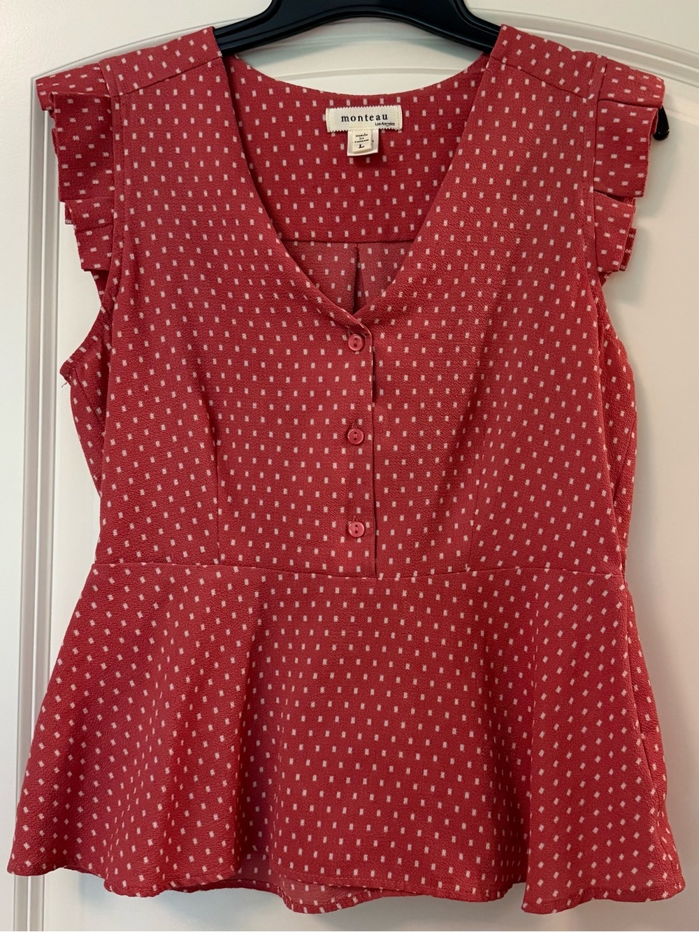 Monteau Coral Red Dot Peplum Button-Front Top